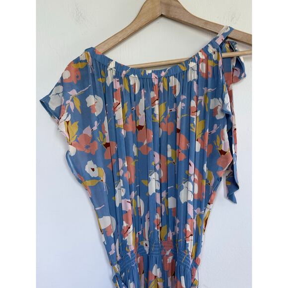 SHOSHANNA periwinkle blue yellow floral Peony smocked midi spring dress - Picture 11 of 13